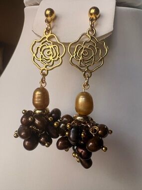 Artisan Handmade Freshwater Pearl Gold Floral Drop Dangle Earrings Brown
